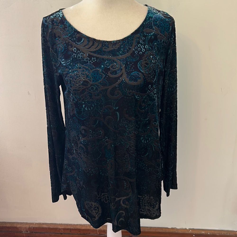 Karen Kane velour black turquoise long sleeve floral blouse Size S